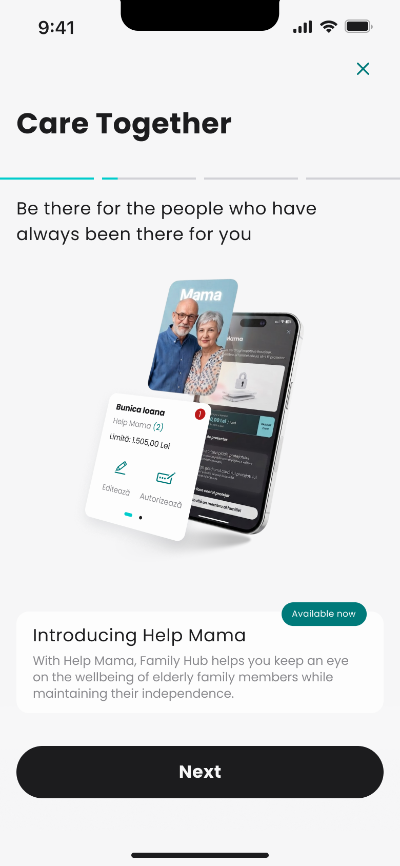 Ecranul Care together · Help Mama din aplicația Salt
