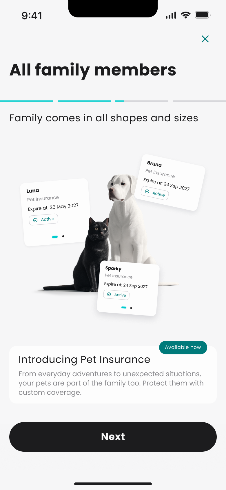 Ecranul Care together · Pet Insurance din aplicația Salt