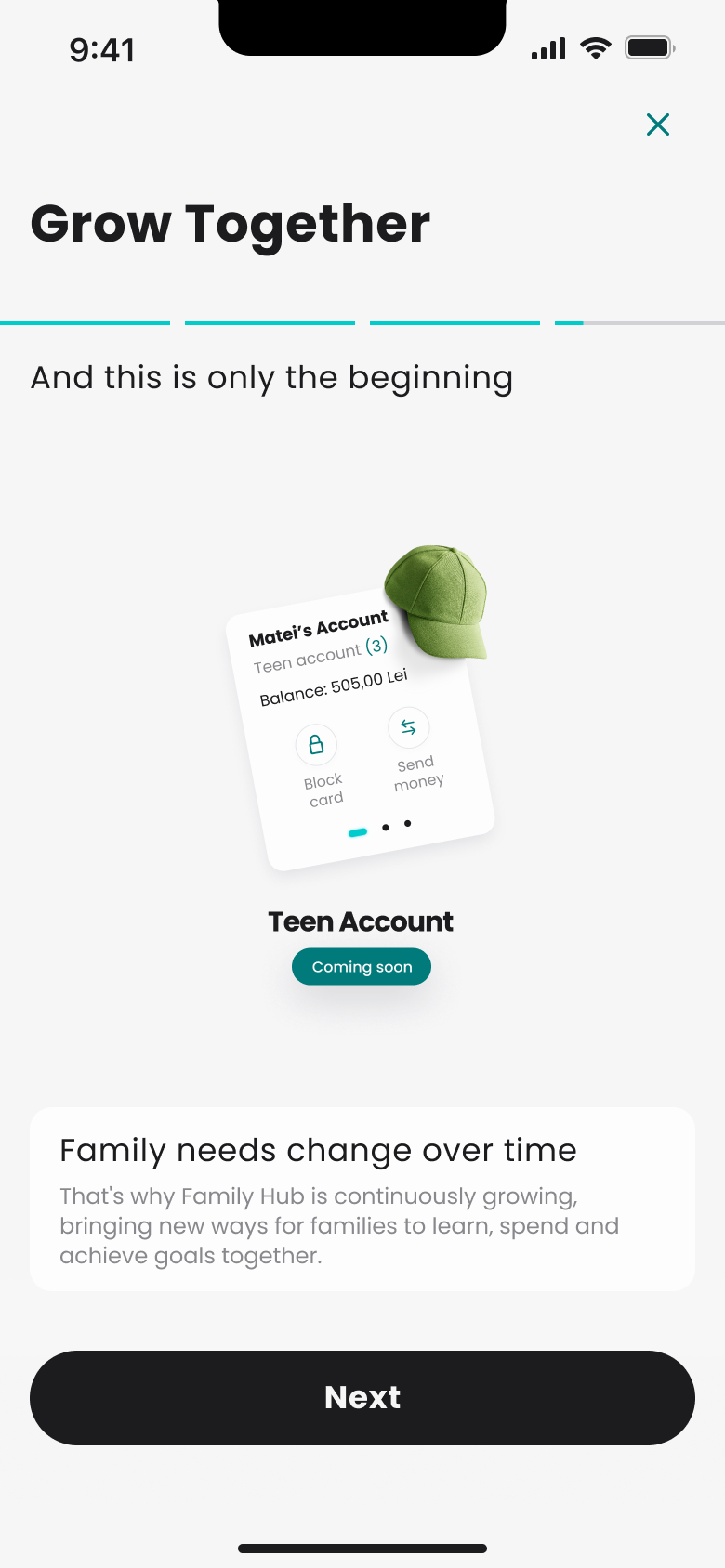 Ecranul Grow together · Teen Account din aplicația Salt