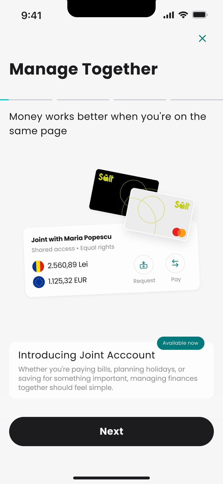 Ecranul Manage Together din aplicația Salt, cu cele două carduri și conturile comune în lei și euro.
