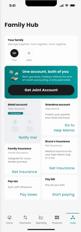 Ecranul Family Hub din aplicația Salt, cu Joint Account, Help Mama, Pet Insurance și plata facturilor.